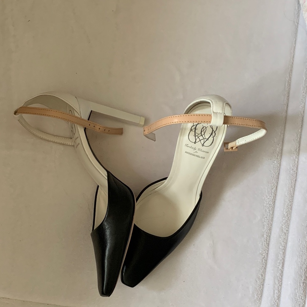 ANTONIO MELANI Black and White Heels with Tan Strap